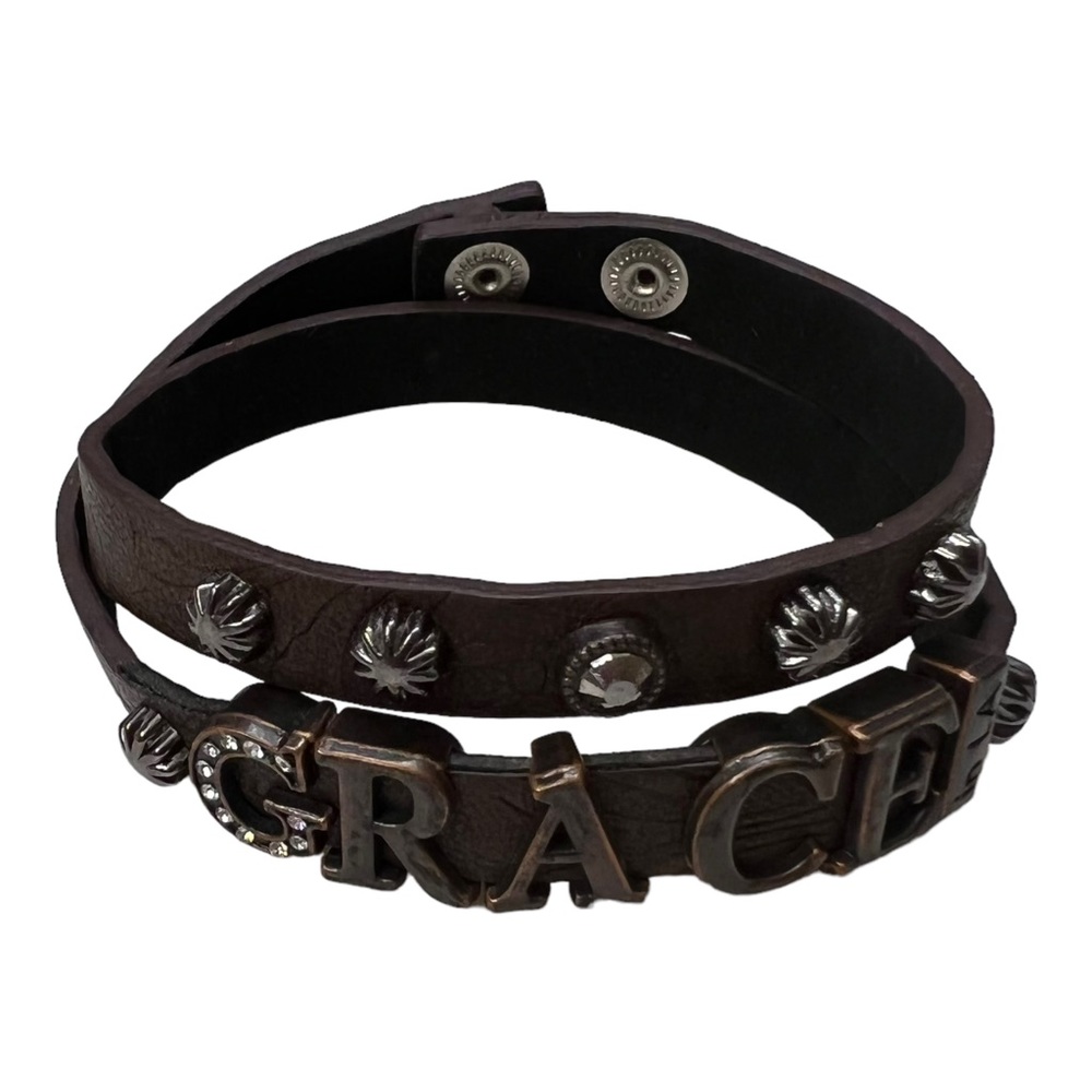 Vintage leather GRACE religious bracelet wrap around Embellished Christian